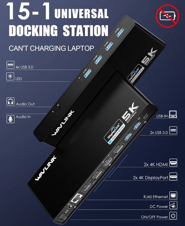 WAVLINK Pro Dual 4K@60Hz Universal Docking Station | USB 3.0/Type-C Laptop - Image 1 of 1