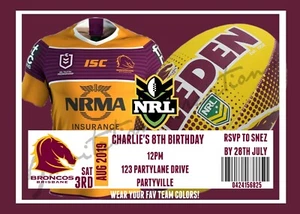 DIY Print Custom NRL BRISBANE BRONCOS FOOTBALL JERSEY Birthday Party Invitations - Picture 1 of 1