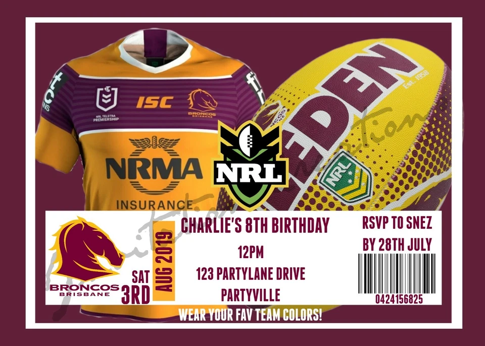 Hágalo usted mismo Impresión Personalizada NRL BRISBANE BRONCOS CAMISETA DE FÚTBOL Invitaciones de Fiesta de Cumpleaños Foto 1 de 1