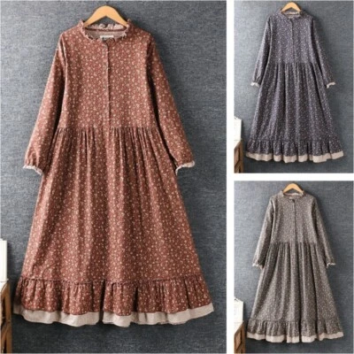 Women Floral Cotton Dress Long Sleeve Tunic Midi Pastoral Retro Mori Girl Sweet - Image 1 of 4