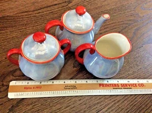 Juego de té checo Lusterware bote iridiscente azucarero crema azul rojo vintage - Imagen 1 de 12