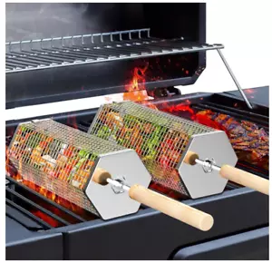 2 Pack Rolling Grilling Basket Stainless Steel For BBQ Grill Outdoor Tools handl - Picture 1 of 7