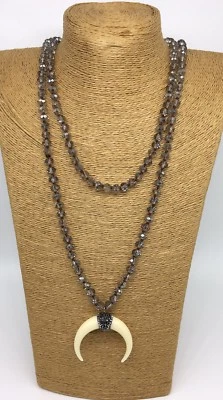 Fashion Long Knot Tribal Crystal w resin ox horn pendant Necklace Handmade - Image 1 of 4