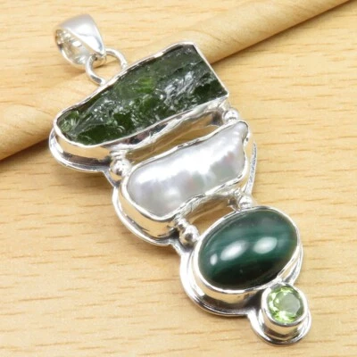 Joyería de Piedra Genuina Colgante PERIDOTO, MALAQUITA, PERLA BIWA 5,6 cm Plata 925 Foto 1 de 2