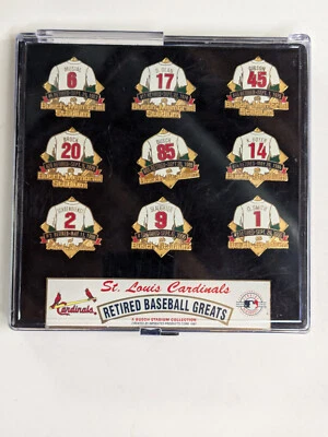 ST. LOUIS CARDINALS RETIRED BASEBALL GREATS PIN SET MIB MUSIAL GIBSON BOYER - Image 1 of 3