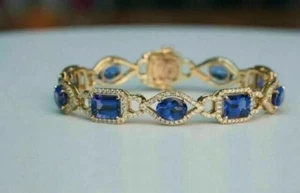 2Ct Emerald Oval Cut Lab Created Sapphire Tennis Bracelet 14K Yellow Gold - Picture 1 of 4