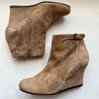 Lanvin Camel Tan Suede Wedge Ankle Booties w/ Side Zip Women Size EU 37.5 US 7 - Image 1 of 4