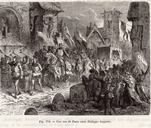 GRAVURE 1890 ENGRAVING PARIS UNE RUE SOUS PHILPPE AUGUSTE - Bild 1 von 1