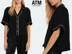 ATM NWT $350 HAMMERED SILK S/S CROPPED BLACK BLOUSE. SZ S - Picture 1 of 12