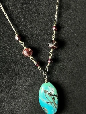 Turquoise Garnet or Amethyst Crystal Dangle Necklace Repaired - Image 1 of 4