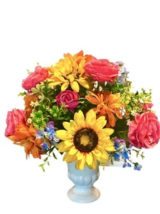 Bright Floral Arrangement Sunflower Peony Rose Mix 18” X18” Pure White Vase - Picture 1 of 4
