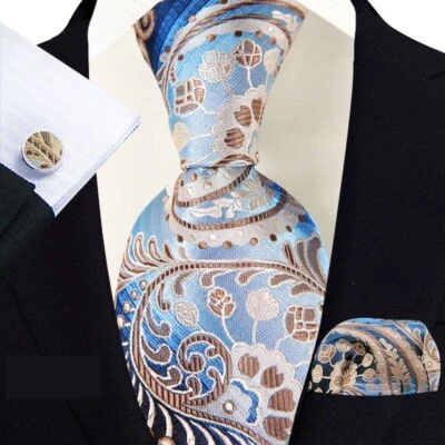 Clásico Paisley Azul Marrón Jacquard Seda Para Hombre Corbata Corbata Pañuelo Juego de Gemelos Foto 1 de 3