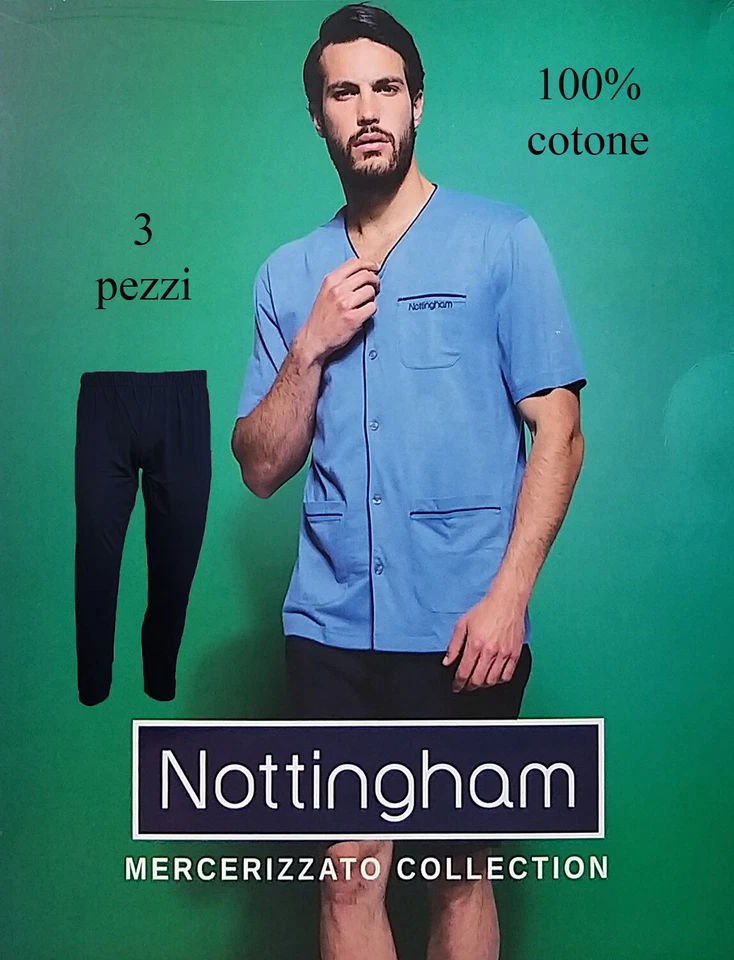 Pigiama uomo 3 pezzi con giacca aperta con tasche in puro cotone NOTTINGHAM - Immagine 1 di 1