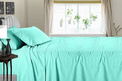 Artículos de ropa de cama suave algodón egipcio 1000 o 1200 TC juego seleccionado rayas azul aguamarina Foto 1 de 4