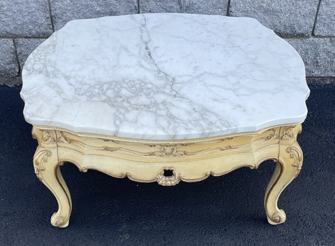 Vintage Distressed French Style Marble Top Coffee Table 17” X 35 1/2” X 35 1/2” Cover
