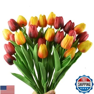 WISTART 24pcs Artificial Tulips Flowers Fake Faux PU Tulip Bouquet Real Touch - Picture 1 of 5