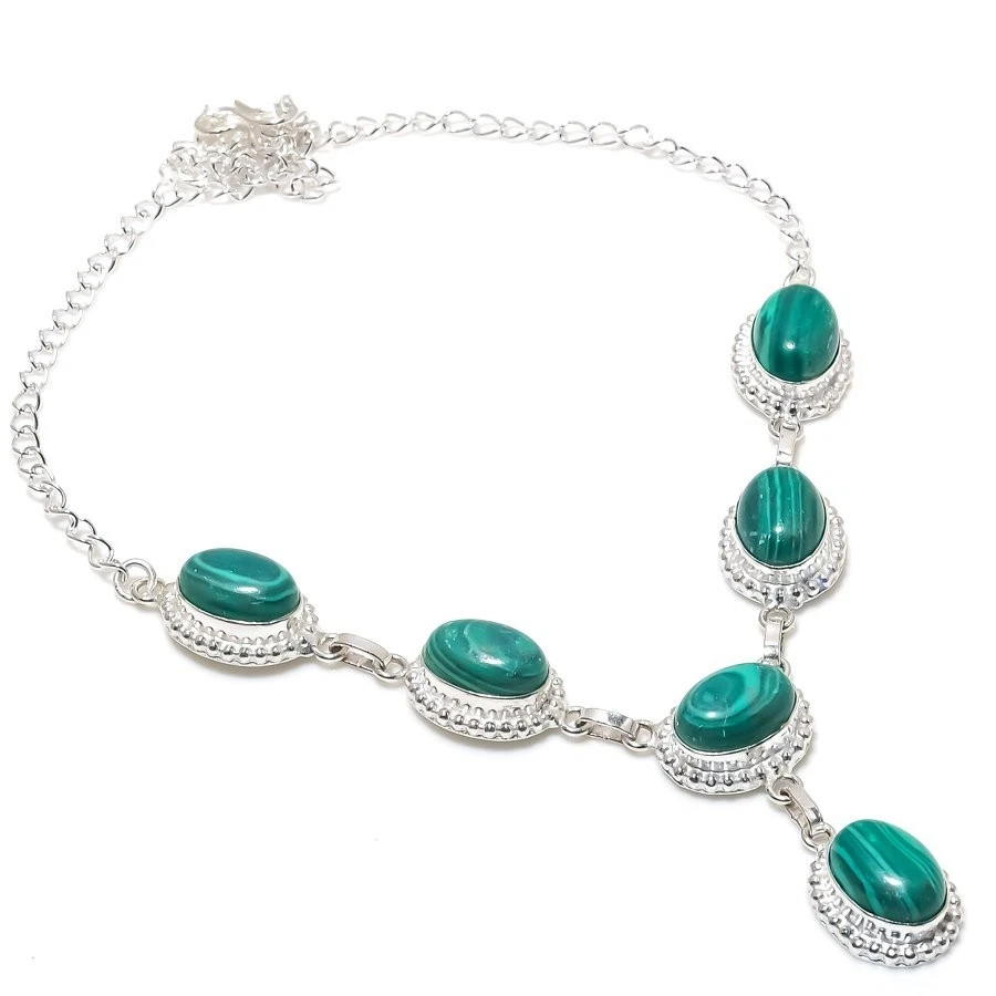 Collar de joyería de plata de ley 925 con piedras preciosas de malaquita tamaño 18" Foto 1 de 1