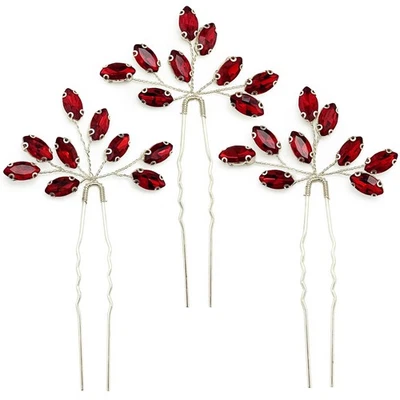 Crystal Bridal Hair Pins 3 PCS Rhinestone Flower Headpieces Wine Red Color - Image 1 of 4