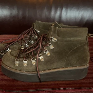 Free People Durango Platform Ankle Boots Hiking Lace-up Green Suede Leather - Picture 1 of 9