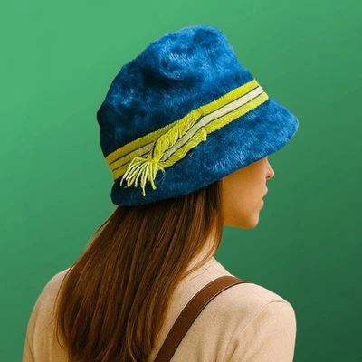 1950’s Vintage Bright Blue Yellow Banded Faux Fur Fedora Cloche Hat Retro NOS OS - Image 1 of 4