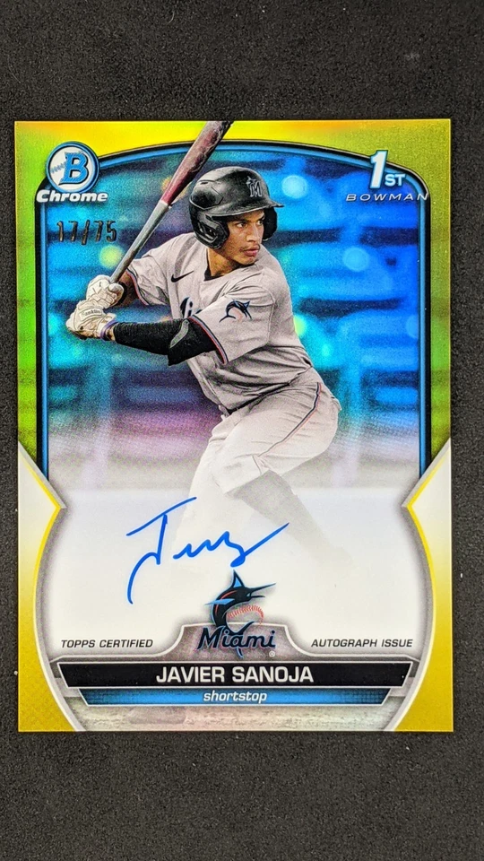 JAVIER SANOJA 2023 1st Bowman Chrome Auto Yellow Refractor /75 Miami Marlins - Image 1 of 2