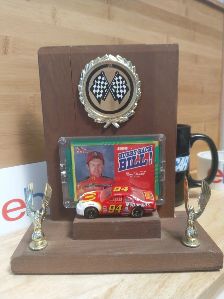 NASCAR wooden trophy stand with a 1/64 diecast #94 McDonald's Bill Elliott Ford - Image 1 of 4