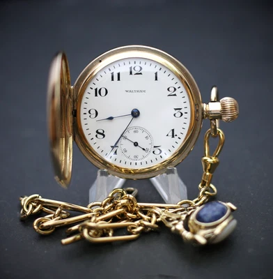 Pristine Antique Waltham 17J Gold Filled Full Hunter Pocket Watch + Chain + Case - Изображение 1 из 4