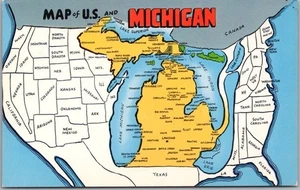 Vintage MICHIGAN Comic Greetings Postcard "Map of U.S. and MICHIGAN" Chrome - Picture 1 of 2