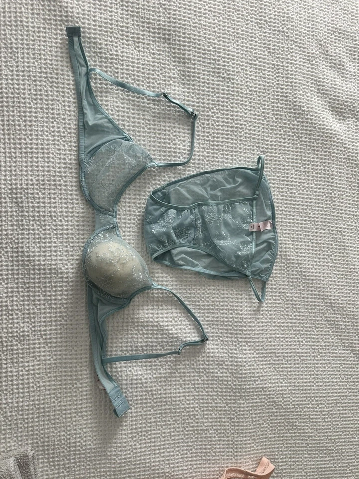 Vintage Victoria’s Secret Sheer blue bra matching Panty 36B Medium Embroidered - Image 1 of 4