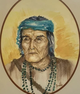 Vintage Original Aquarell Gemälde Indianer älterer Mann Porträt von Nelson - Bild 1 von 6