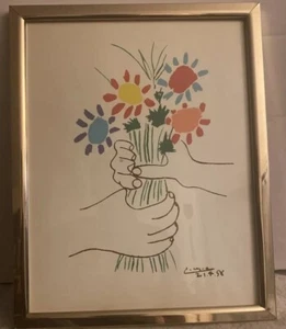 Vintage Pablo Picassos "Blumen in den Händen" Lithographie Kunstdruck 15" x 12 gerahmt - Bild 1 von 10