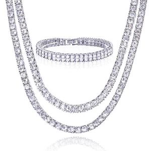 Men's Icy 20" 22" Double Silver Plated Stone Chain Necklace 2 Row Bracelet Set S - Picture 1 of 5