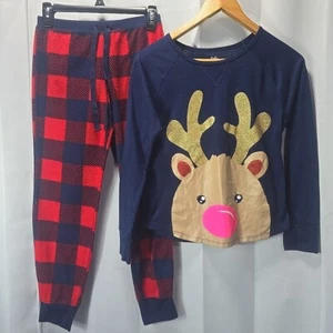 Justice Girls 12 2pc Pajama Set Reindeer LS Shirt Flannel Pants Navy Red Checker - Picture 1 of 10