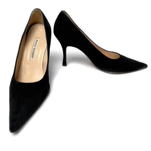 Manolo Blahnik BB 70 Heels Black Suede Pointed Pumps Sz 37-7 Italy Quiet Luxury - Picture 1 of 10