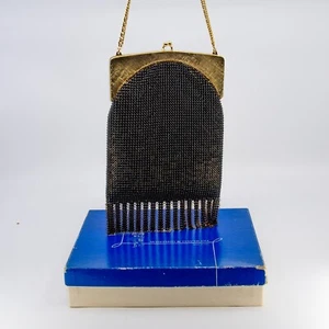 Vintage WHITING & DAVIS bag - black glomesh/gold frame - in original box as new - Picture 1 of 17