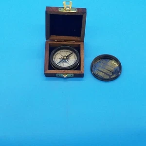 Brass Compass Wooden Box Case Stanley London Hiking Navigation Pocket Compass  - Picture 1 of 6