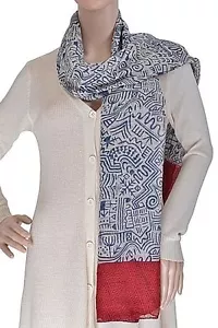 Halstuch Damen blau rot bedruckt Viskose. Größe 38 X 72". - Bild 1 von 2