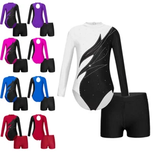 Kids Girls Contrast Color Gymnastics Bodysuit Shiny Rshinestone Leotard Shorts - Picture 1 of 96