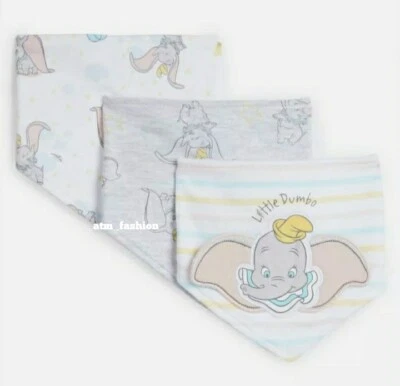 Paquete de 3 baberos de bebé Primark Disney Dumbo Baby Shower algodón eructo tela regalo Foto 1 de 2