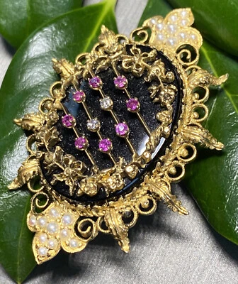 Broche colgante vintage flor de lis oro amarillo de 14 quilates fino semilla diamante rubí Foto 1 de 4