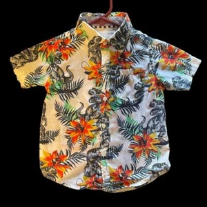 Camicia Free Planet ragazzo 100% cotone manica corta bottoni dinosauro e ibisco - Foto 1 di 5