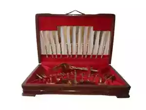 VTG Nickel Bronze Flatware Cutlery Set Mid-Century Thai Bamboo Design with Case - Picture 1 of 7
