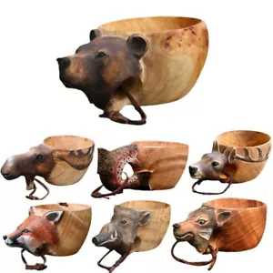 More details for hand carved rubber wooden mug animals head image cup wooden mug animal shape cup