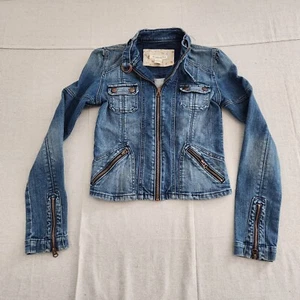 Abercrombie and Fitch Jean Jacket Womens Medium Blue Denim Bikers Zippers 90s - Picture 1 of 17