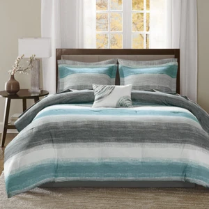NEW! MODERN ULTRA SOFT CHIC BLUE TEAL AQUA ABSTRACT GREY COMFORTER SET & SHEETS - Picture 1 of 5