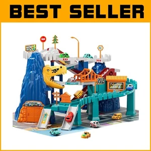 Dinosaur Adventures Playset: Car Parking Garage with Ramps & 10 Mini Cars - Picture 1 of 9