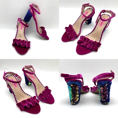 NUEVO SIN CAJA Betsey Johnson 'ILIANA' Terciopelo Magenta Tirantes Lentejuelas Abatibles Bloque Tacones 6.5 Foto 1 de 4