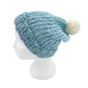 Handmade Loom Knit Chunky Beanie Slouch Hat Toque Cream Pompom M-L Varied Blue - Picture 1 of 21