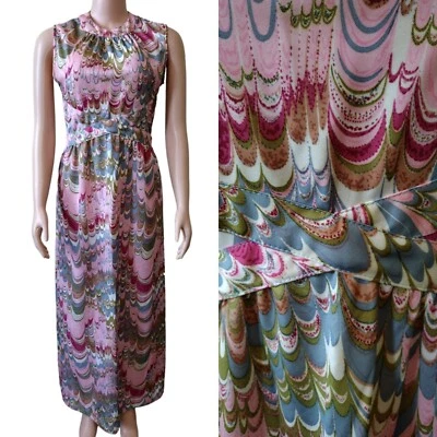 复古 20 世纪 70 年代 Leslie Fay 无袖嬉皮大理石长裙 30 腰 — 第 1/4 张图片