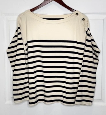 J. Crew Classic Mariner Cloth Boatneck Tee Beige Navy Blue Stripe Size M Button Foto 1 de 4